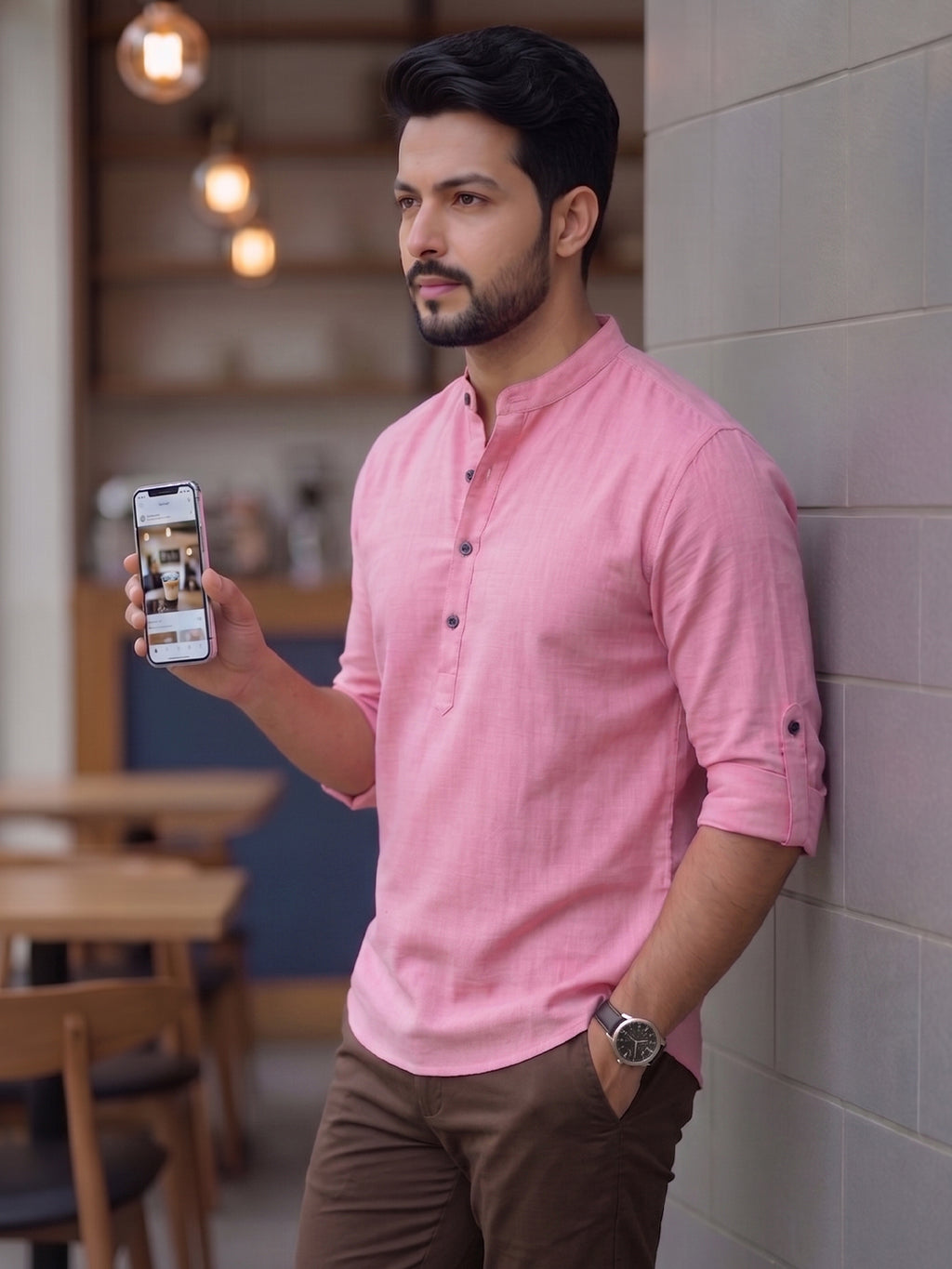 RAY LIGHT Men's Core Essential 100% Cotton Solid Short Kurta – Mandarin Collar with Roll-Up Sleeves