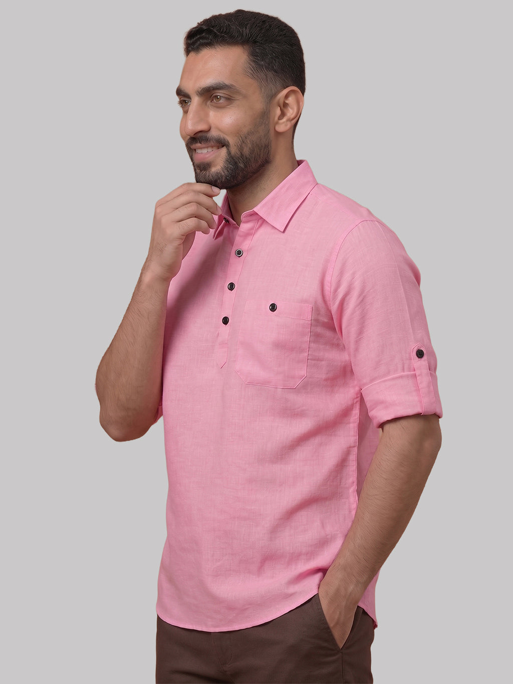 RAY LIGHT Men's Essential Solid Cotton Short Kurta – Magenta with Roll-Up Sleeves