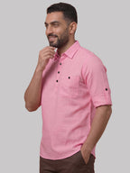 RAY LIGHT Men's Essential Solid Cotton Short Kurta – Magenta with Roll-Up Sleeves