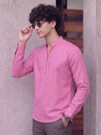 RAY LIGHT Men's Modern Zip-Neck Solid Cotton Short Kurta – Light Pink