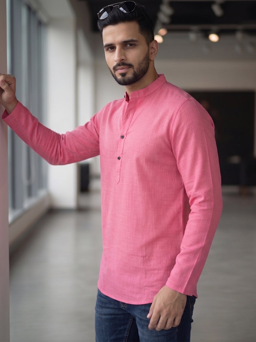 RAY LIGHT Men's Essential Solid Cotton Short Kurta – Light Grey with Cuffless Sleeves