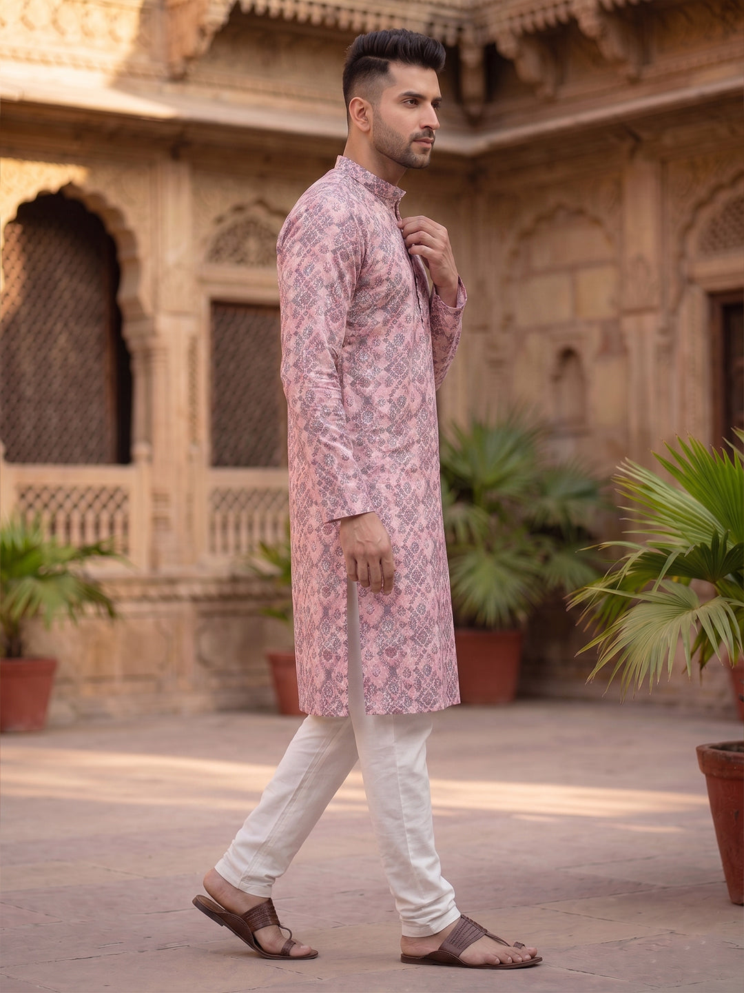 RAY LIGHT Men's Premium Crochet Fabric Geometric Long Kurta – Aqua Mint