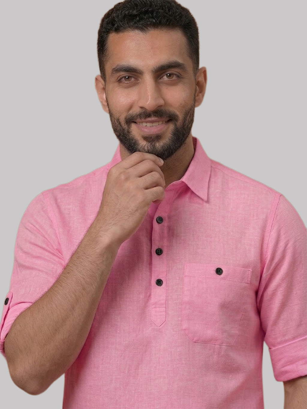 RAY LIGHT Men's Essential Solid Cotton Short Kurta – Magenta with Roll-Up Sleeves