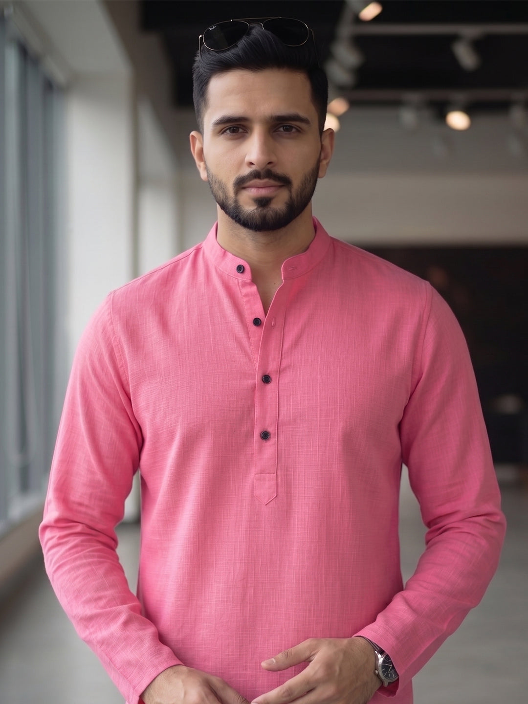 RAY LIGHT Men's Essential Solid Cotton Short Kurta – Light Grey with Cuffless Sleeves