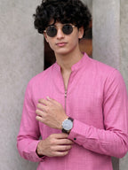 RAY LIGHT Men's Modern Zip-Neck Solid Cotton Short Kurta – Light Pink