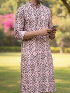 RAY LIGHT Men's Premium Crochet Fabric Geometric Long Kurta – Aqua Mint
