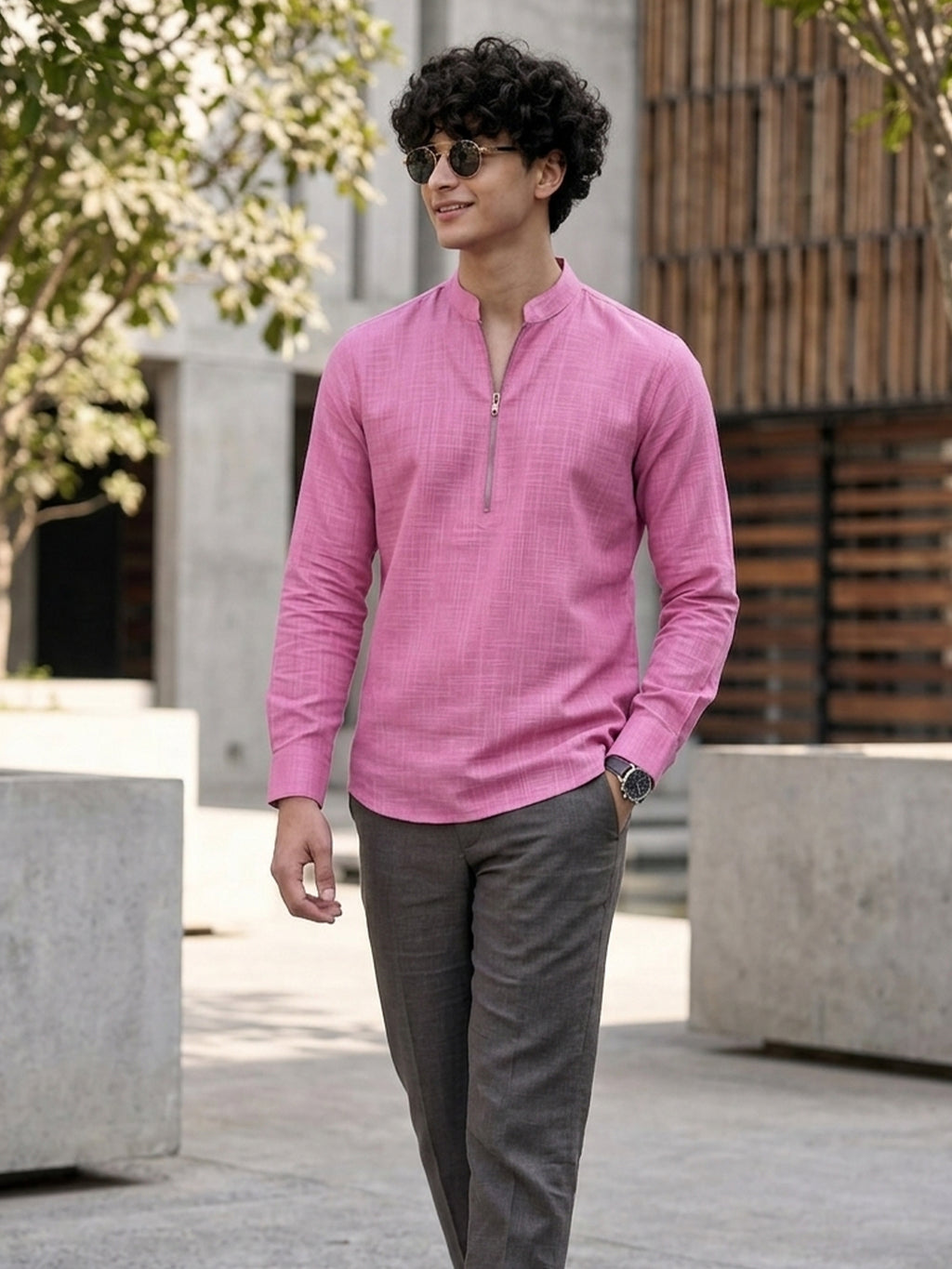 RAY LIGHT Men's Modern Zip-Neck Solid Cotton Short Kurta – Light Pink