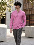 RAY LIGHT Men's Modern Zip-Neck Solid Cotton Short Kurta – Light Pink