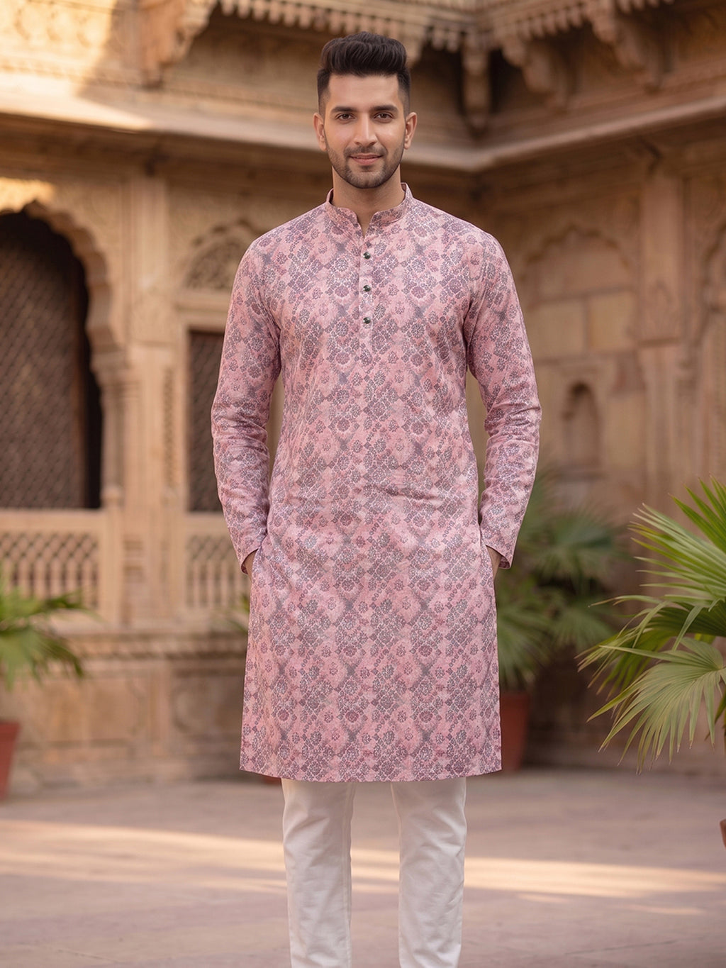 RAY LIGHT Men's Premium Crochet Fabric Geometric Long Kurta – Aqua Mint