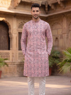 RAY LIGHT Men's Premium Crochet Fabric Geometric Long Kurta – Aqua Mint