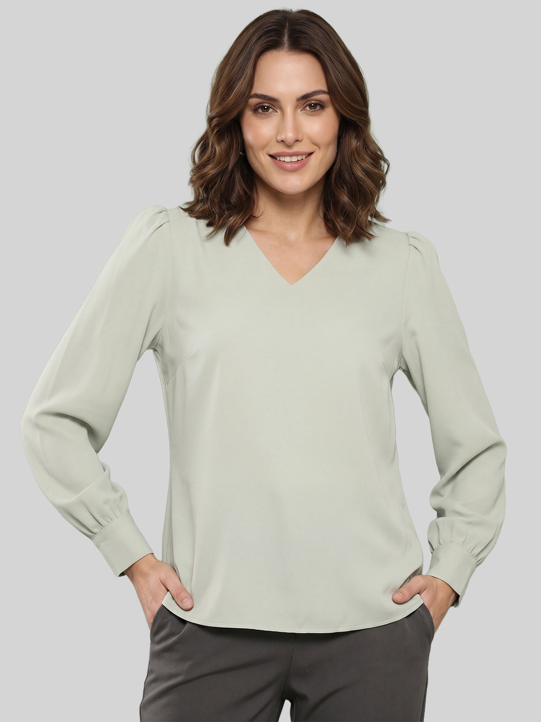 Ray Light Women’s Solid Pista Blue Crepe Blouse with V-Neck & Long Sleeves Main image
