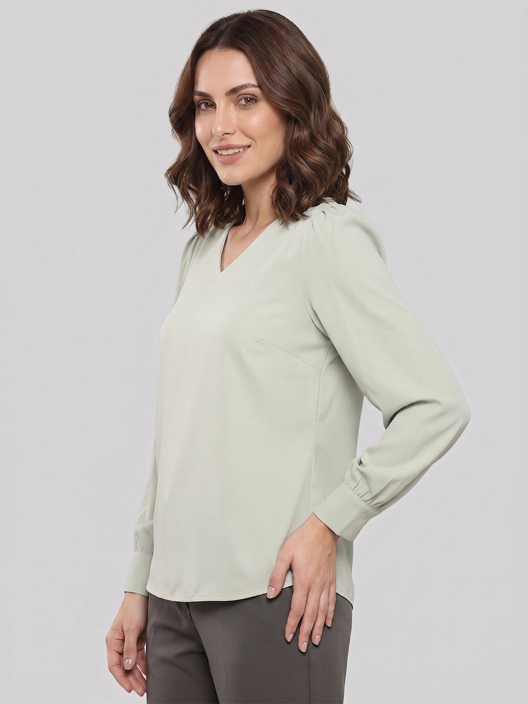 Ray Light Women’s Solid Pista Blue Crepe Blouse with V-Neck & Long Sleeves Secondary image