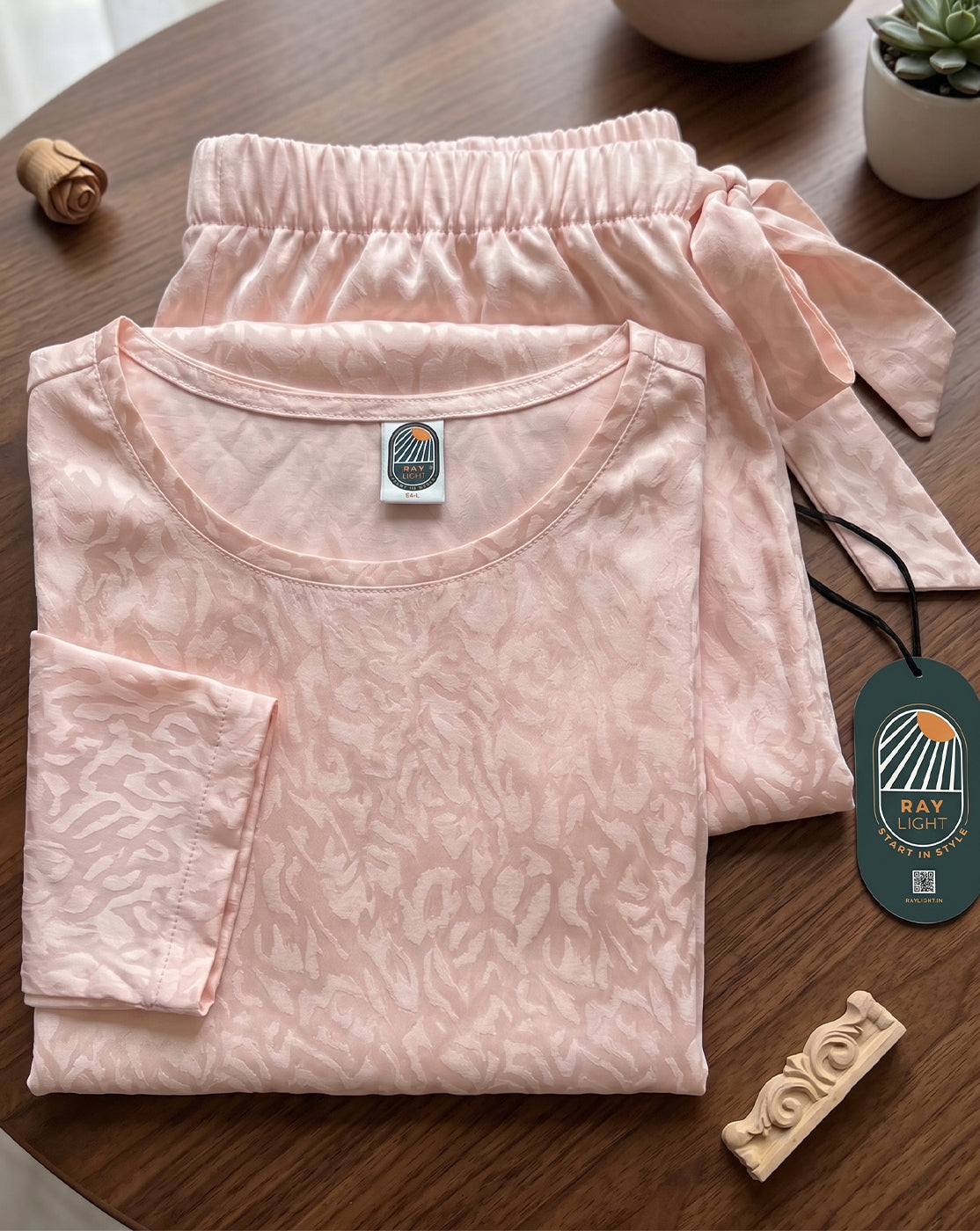 RAY LIGHT Peach Two Piece Set, Loungewear Set T-shirt & Shorts, Short Sleeve Women And Girls
