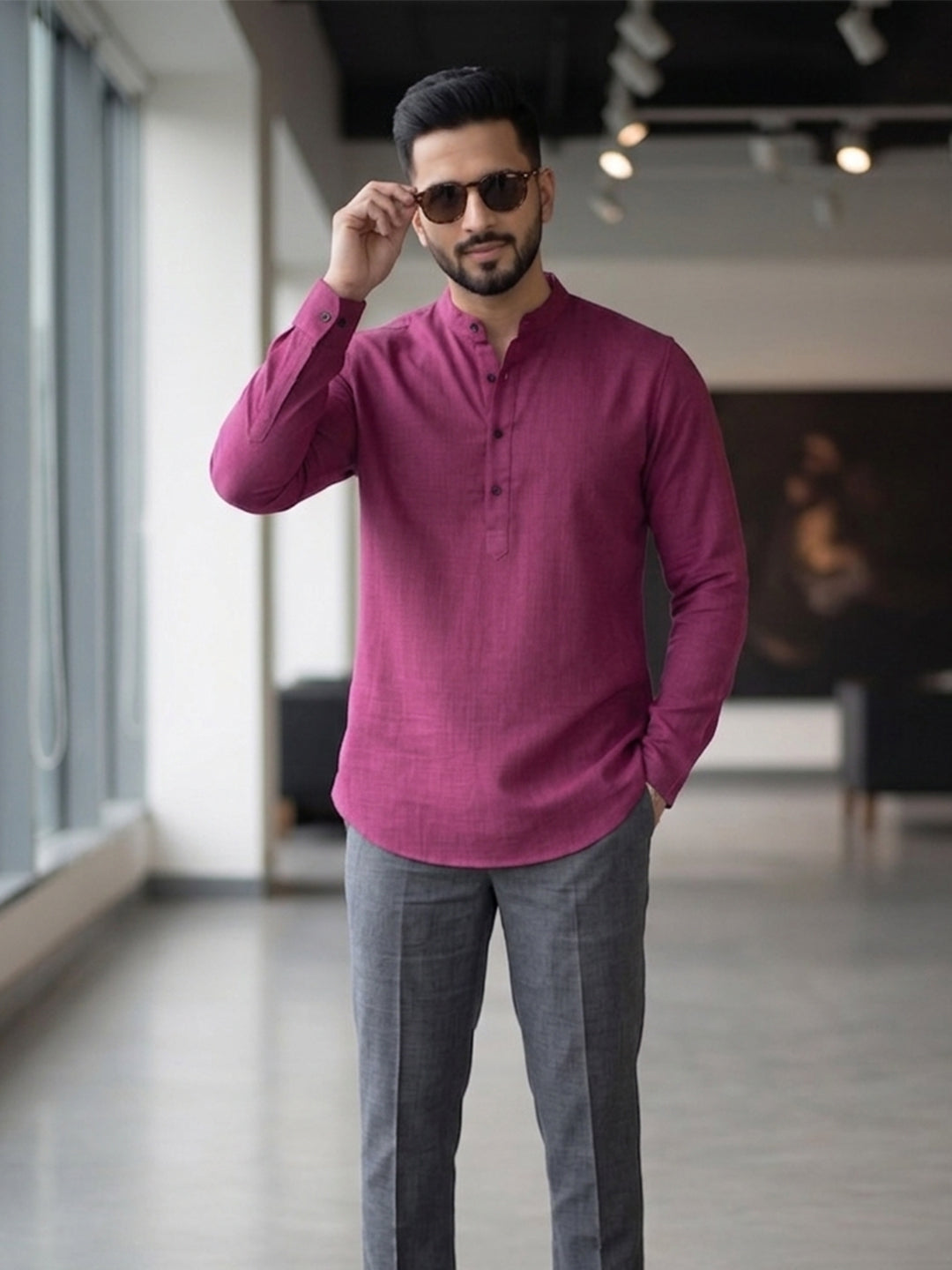 RAY LIGHT Men's Essential Solid Cotton Short Kurta – Light Grey with Cuffless Sleeves