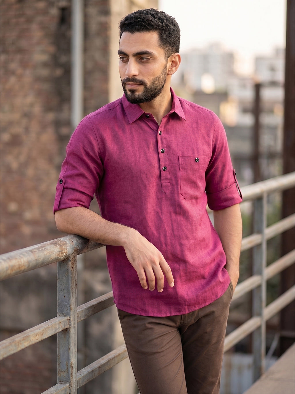 RAY LIGHT Men's Essential Solid Cotton Short Kurta – Magenta with Roll-Up Sleeves