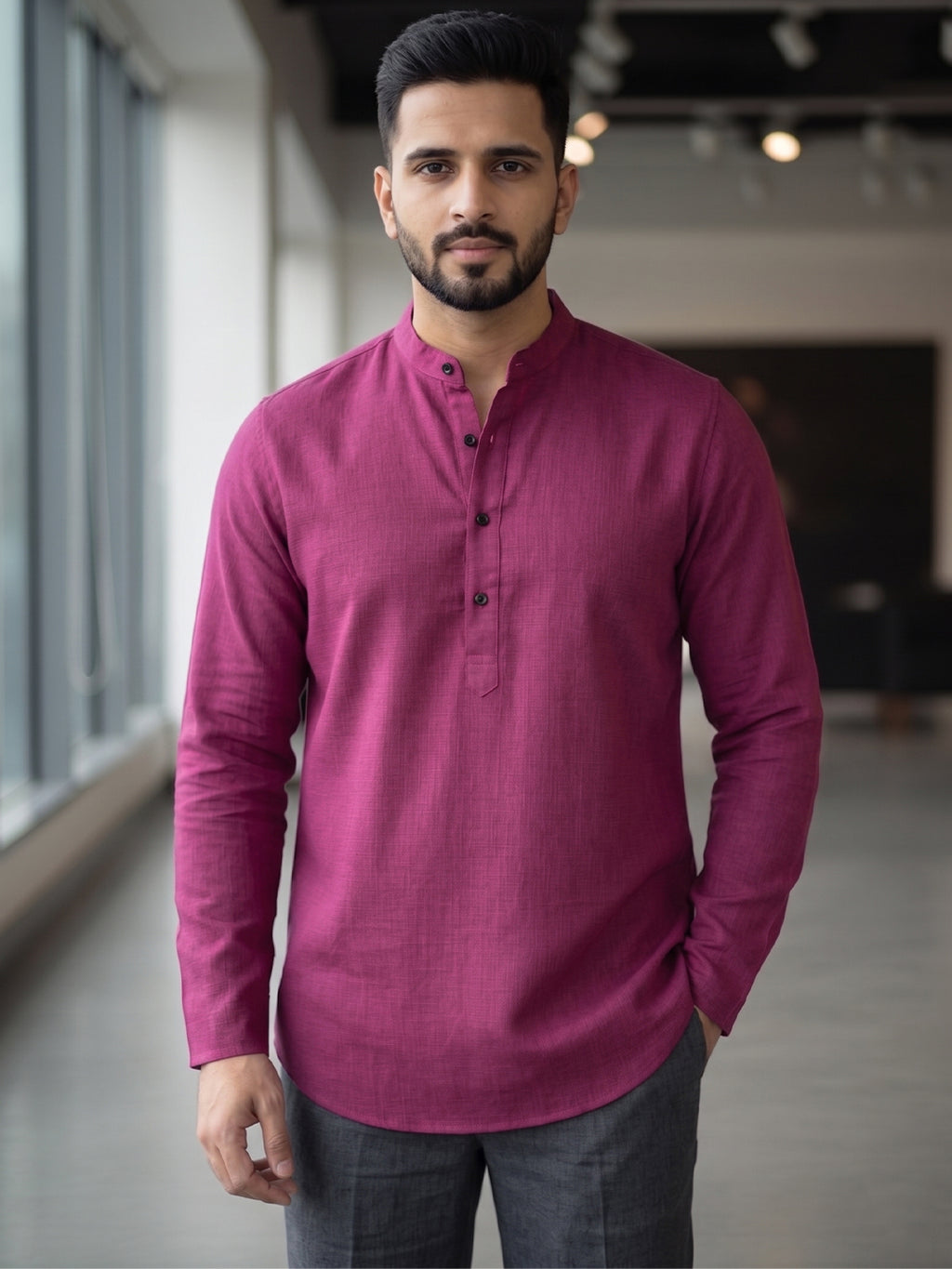 RAY LIGHT Men's Essential Solid Cotton Short Kurta – Light Grey with Cuffless Sleeves