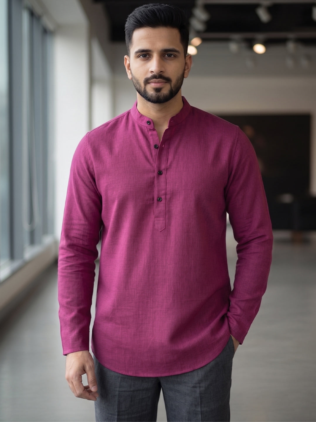 RAY LIGHT Men's Essential Solid Cotton Short Kurta – Light Grey with Cuffless Sleeves