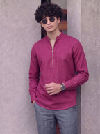 RAY LIGHT Men's Modern Zip-Neck Solid Cotton Short Kurta – Light Pink