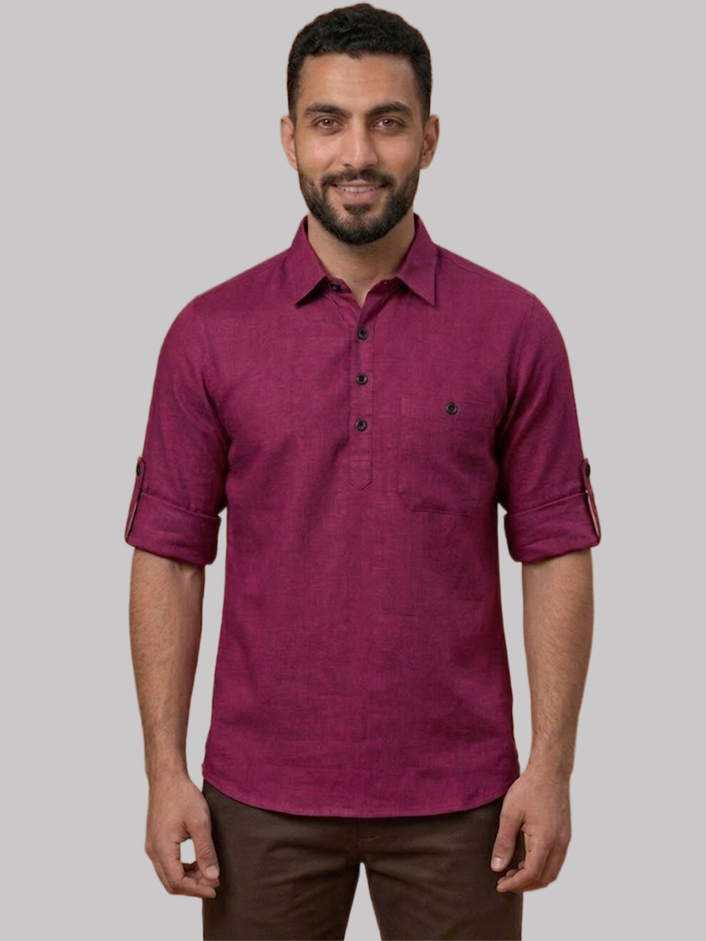 RAY LIGHT Men's Essential Solid Cotton Short Kurta – Magenta with Roll-Up Sleeves