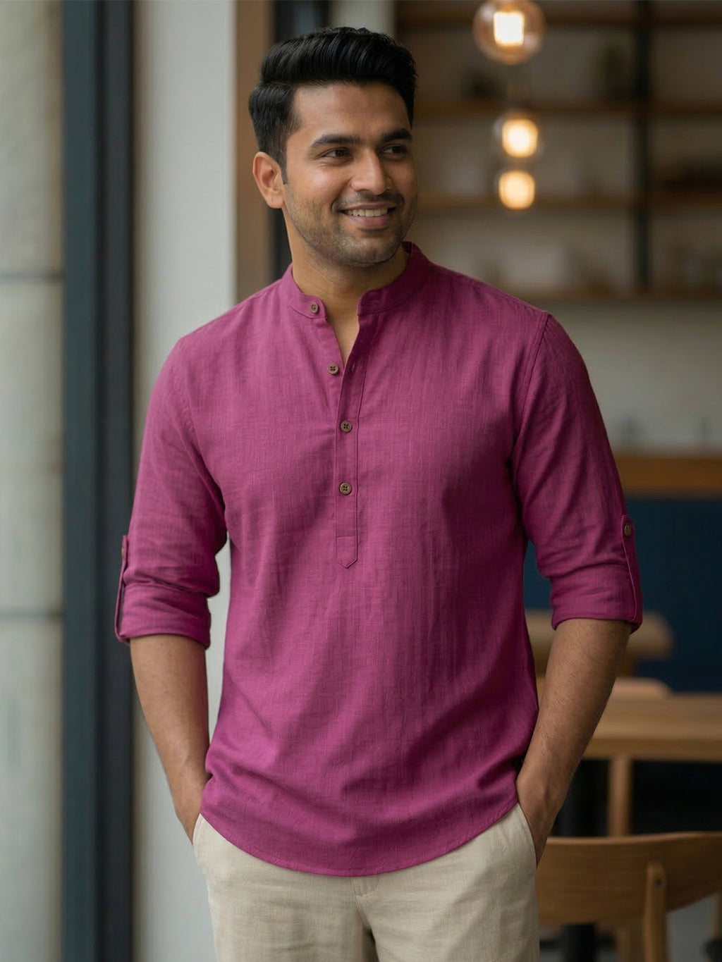 RAY LIGHT Men's Grey 100% Cotton Solid Short Kurta – Mandarin Collar with Versatile Roll-Up Sleeves