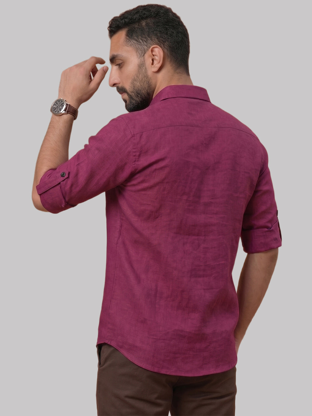 RAY LIGHT Men's Essential Solid Cotton Short Kurta – Magenta with Roll-Up Sleeves