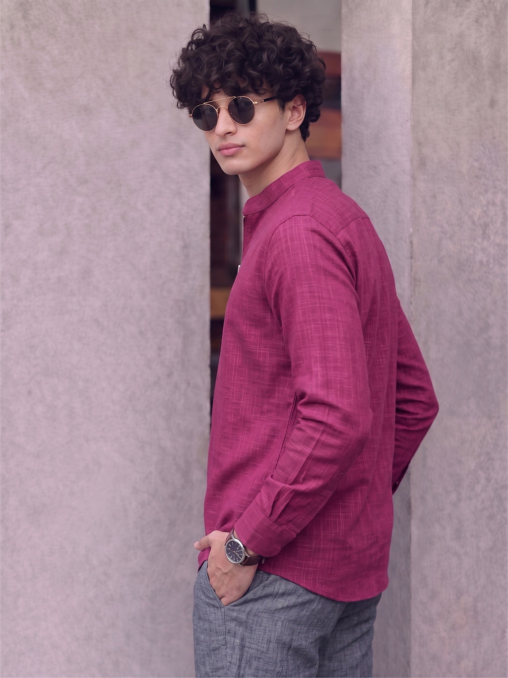 RAY LIGHT Men's Modern Zip-Neck Solid Cotton Short Kurta – Light Pink