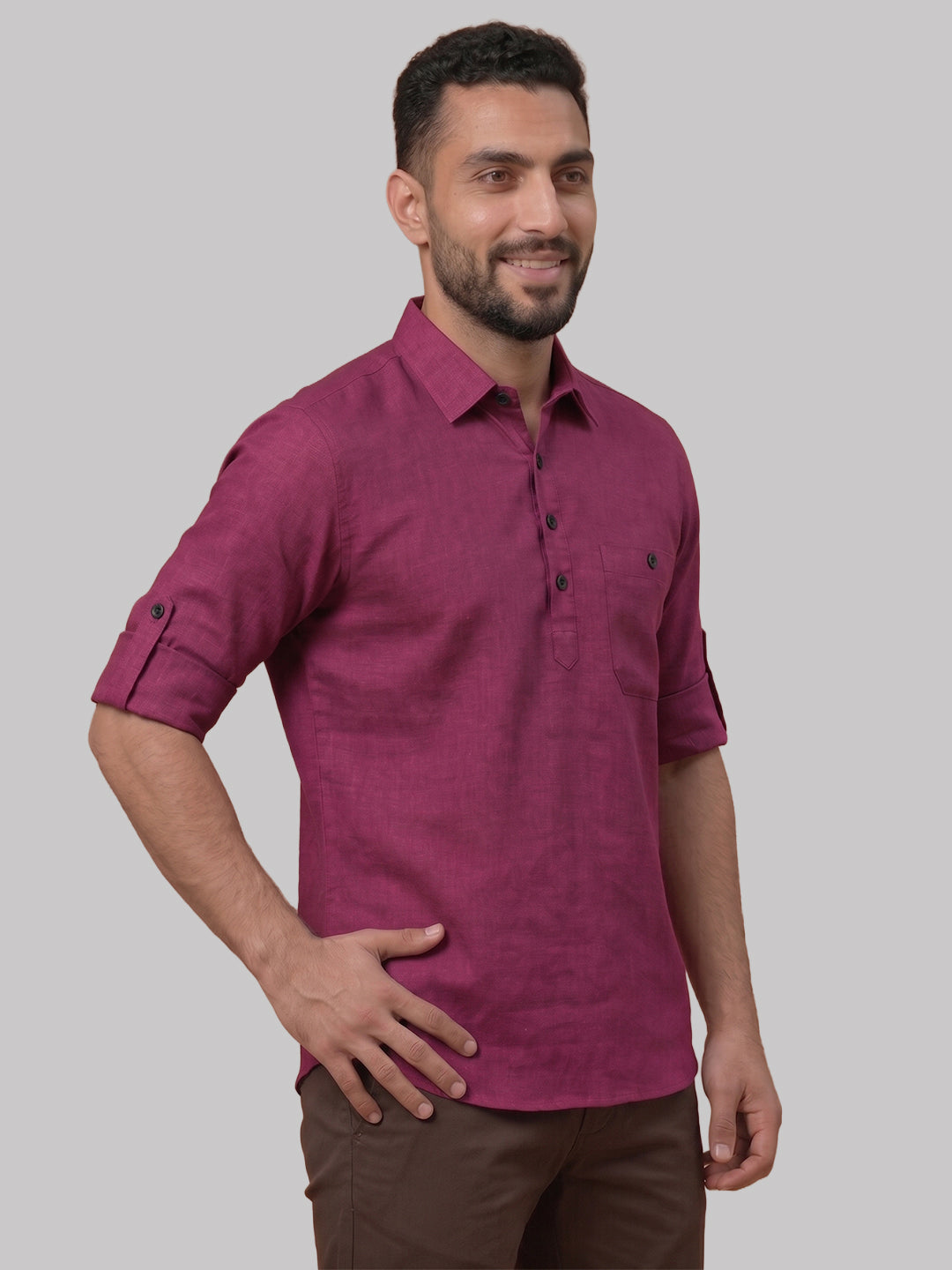 RAY LIGHT Men's Essential Solid Cotton Short Kurta – Magenta with Roll-Up Sleeves