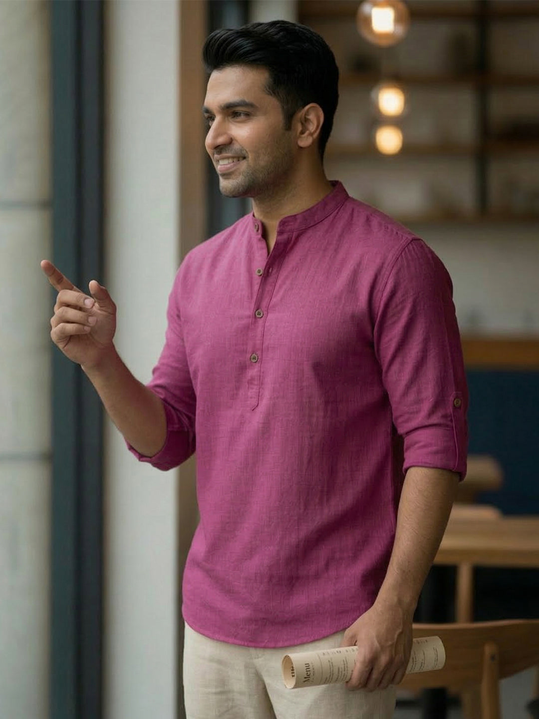 RAY LIGHT Men's Grey 100% Cotton Solid Short Kurta – Mandarin Collar with Versatile Roll-Up Sleeves