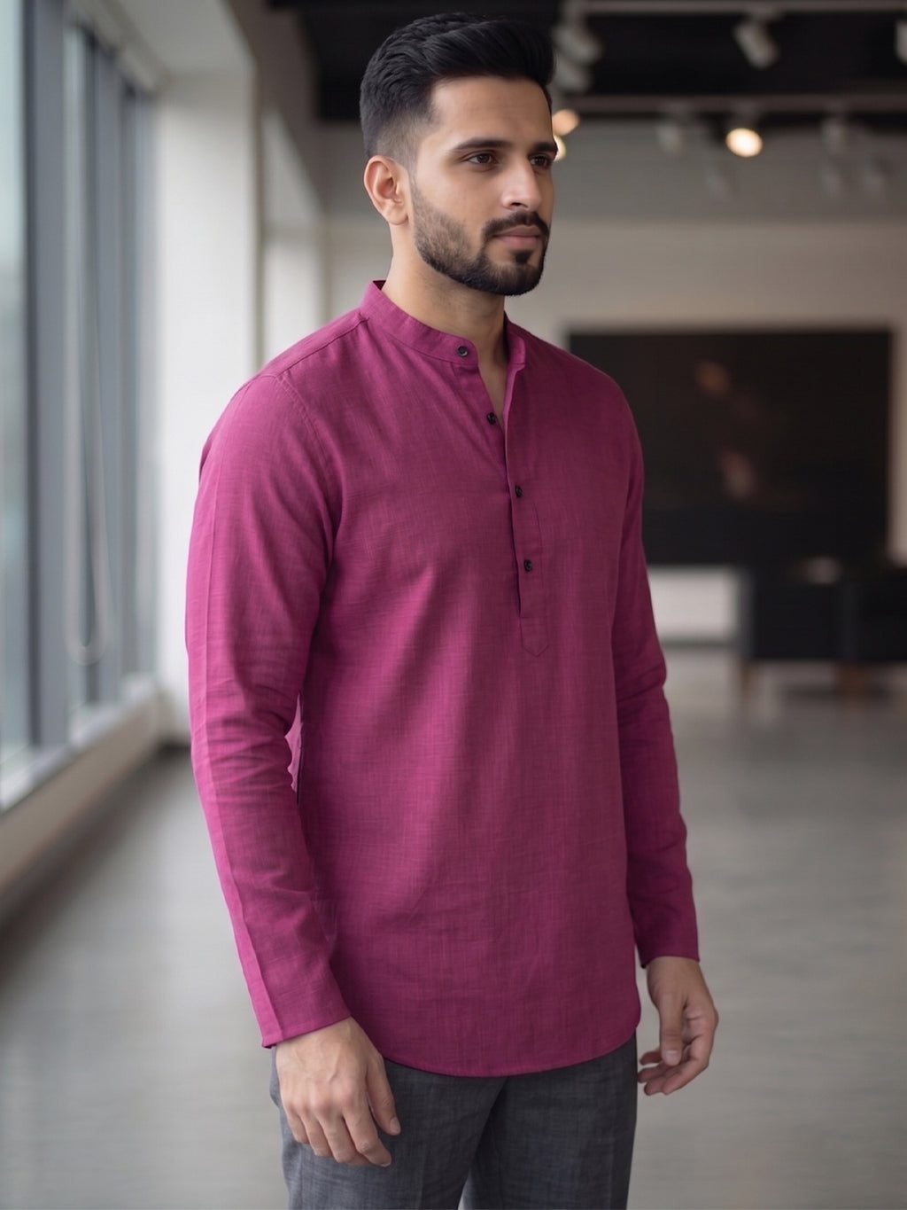 RAY LIGHT Men's Essential Solid Cotton Short Kurta – Light Grey with Cuffless Sleeves
