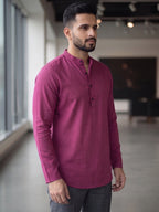 RAY LIGHT Men's Essential Solid Cotton Short Kurta – Light Grey with Cuffless Sleeves