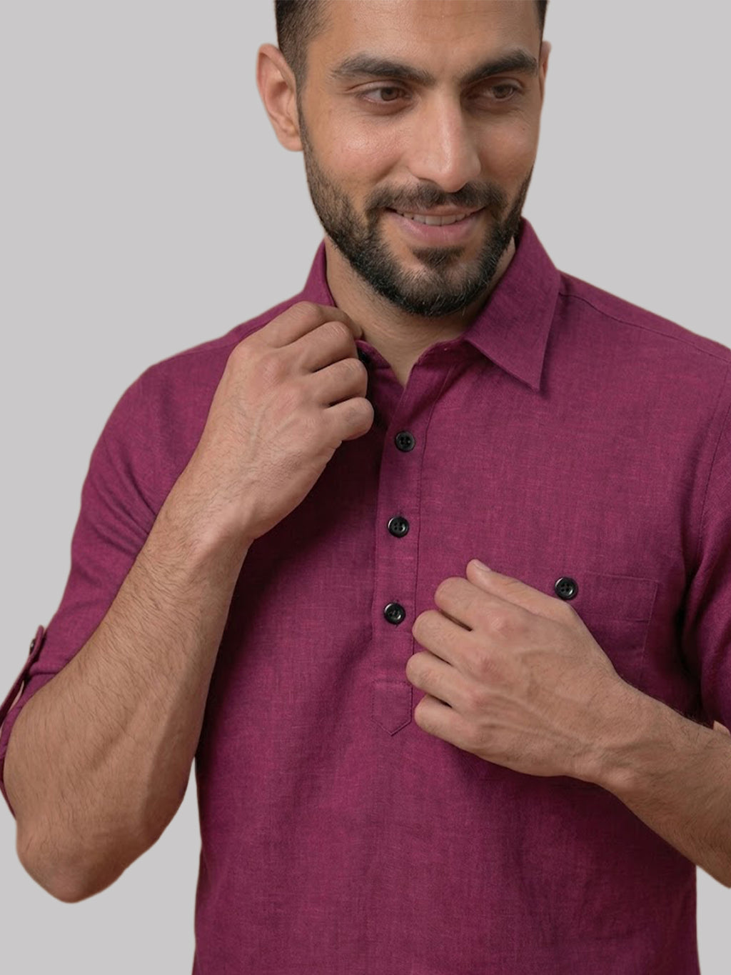 RAY LIGHT Men's Essential Solid Cotton Short Kurta – Magenta with Roll-Up Sleeves