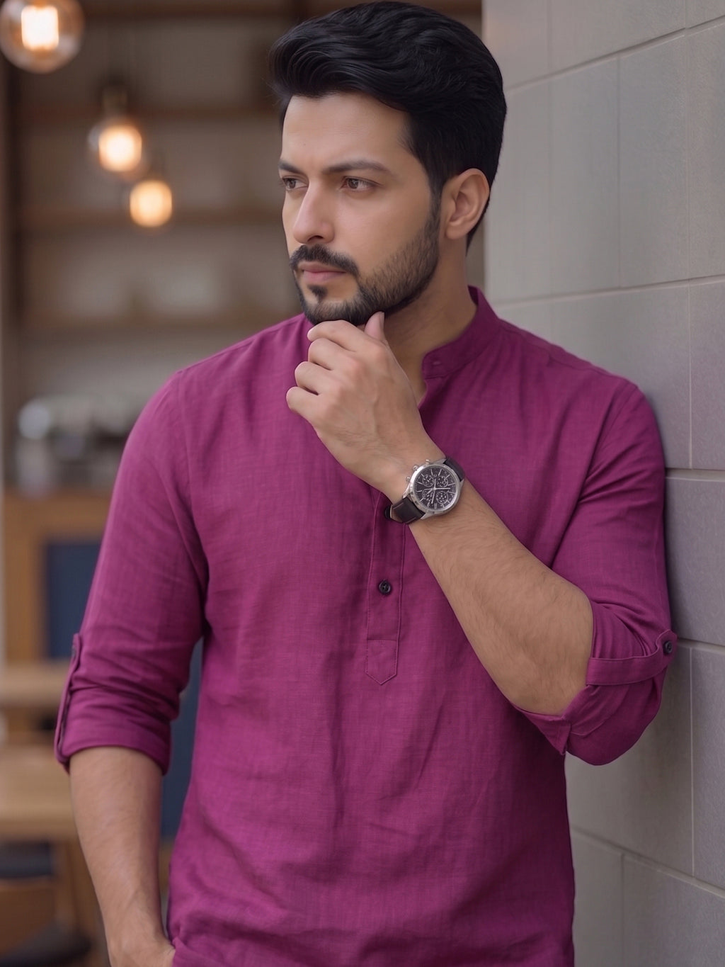 RAY LIGHT Men's Core Essential 100% Cotton Solid Short Kurta – Mandarin Collar with Roll-Up Sleeves