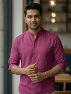RAY LIGHT Men's Grey 100% Cotton Solid Short Kurta – Mandarin Collar with Versatile Roll-Up Sleeves