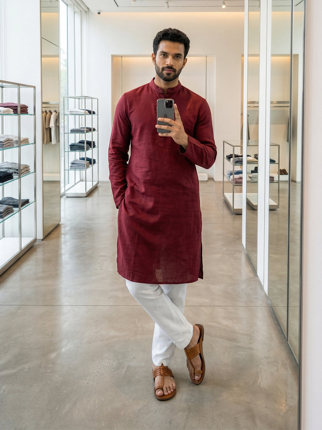 RAY LIGHT Men's Classic Solid Cotton Long Kurta – Dark Green with Dual Side Pockets