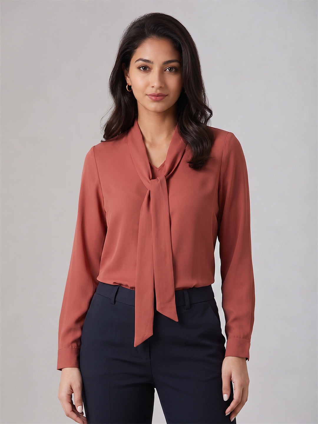 Ray Light Women's Elegant Tie-Neck Long Sleeve Crepe Blouse – Dusty Rose Main image
