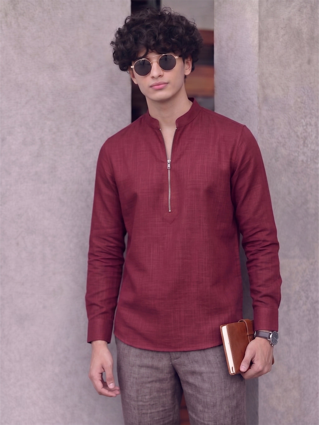 RAY LIGHT Men's Modern Zip-Neck Solid Cotton Short Kurta – Light Pink