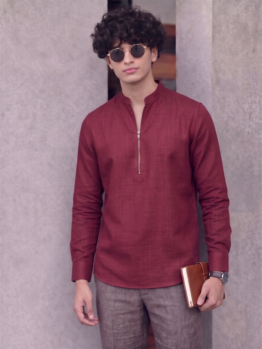 RAY LIGHT Men's Modern Zip-Neck Solid Cotton Short Kurta – Light Pink