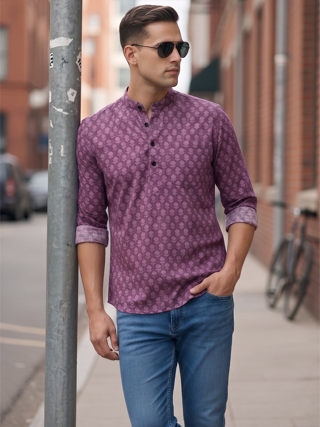 RAY LIGHT Men's Artisan Floral Print Cotton Short Kurta – Plum Purple with Contrast Cuffs Main image