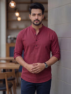 RAY LIGHT Men's Core Essential 100% Cotton Solid Short Kurta – Mandarin Collar with Roll-Up Sleeves