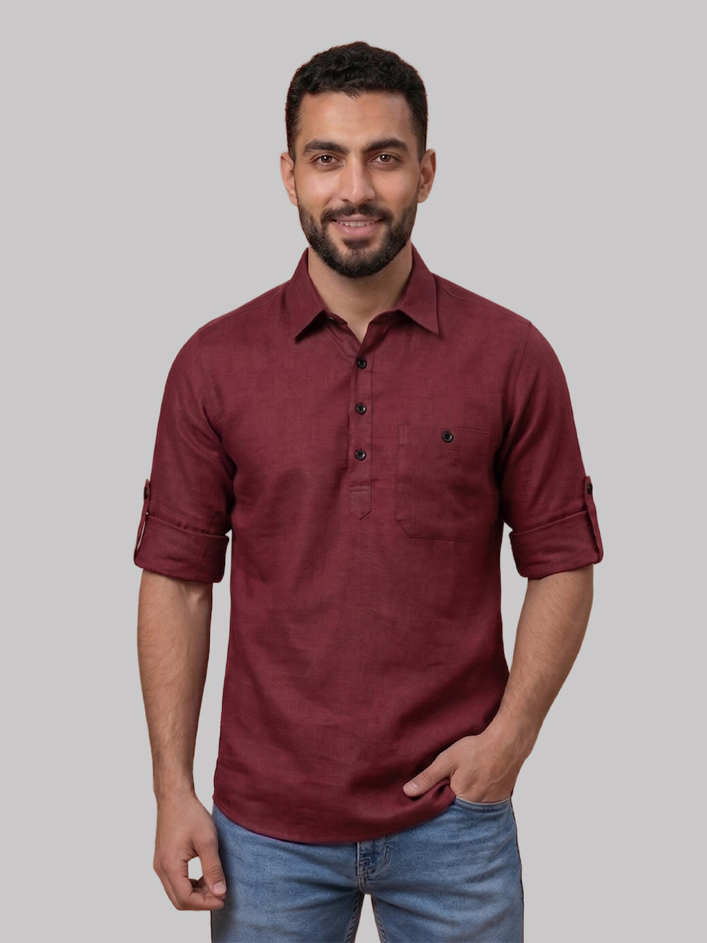 RAY LIGHT Men's Essential Solid Cotton Short Kurta – Magenta with Roll-Up Sleeves