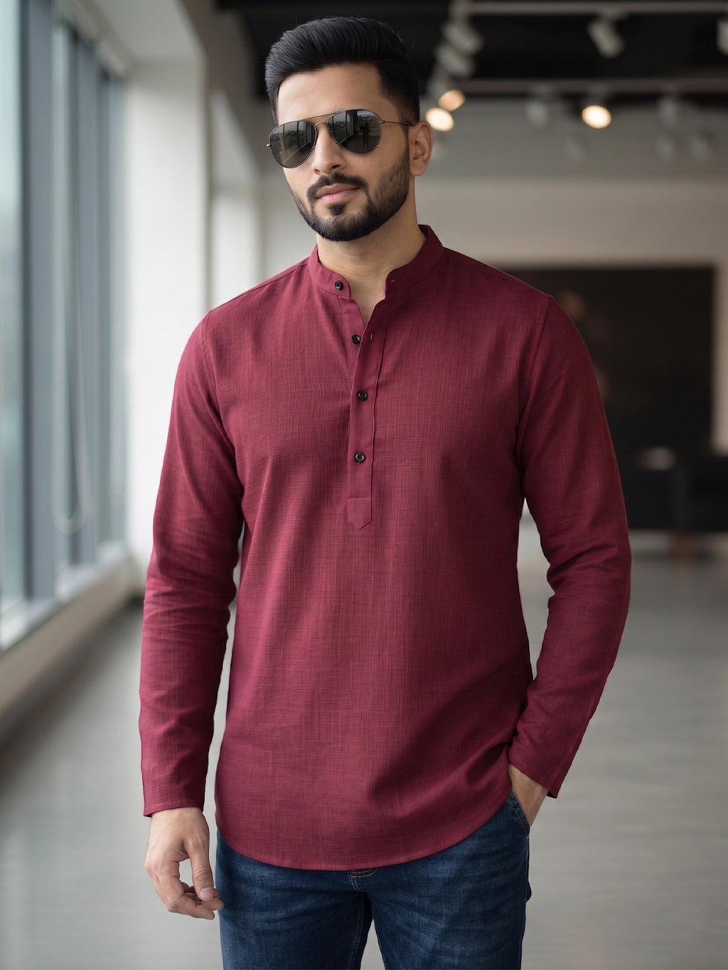 RAY LIGHT Men's Essential Solid Cotton Short Kurta – Light Grey with Cuffless Sleeves