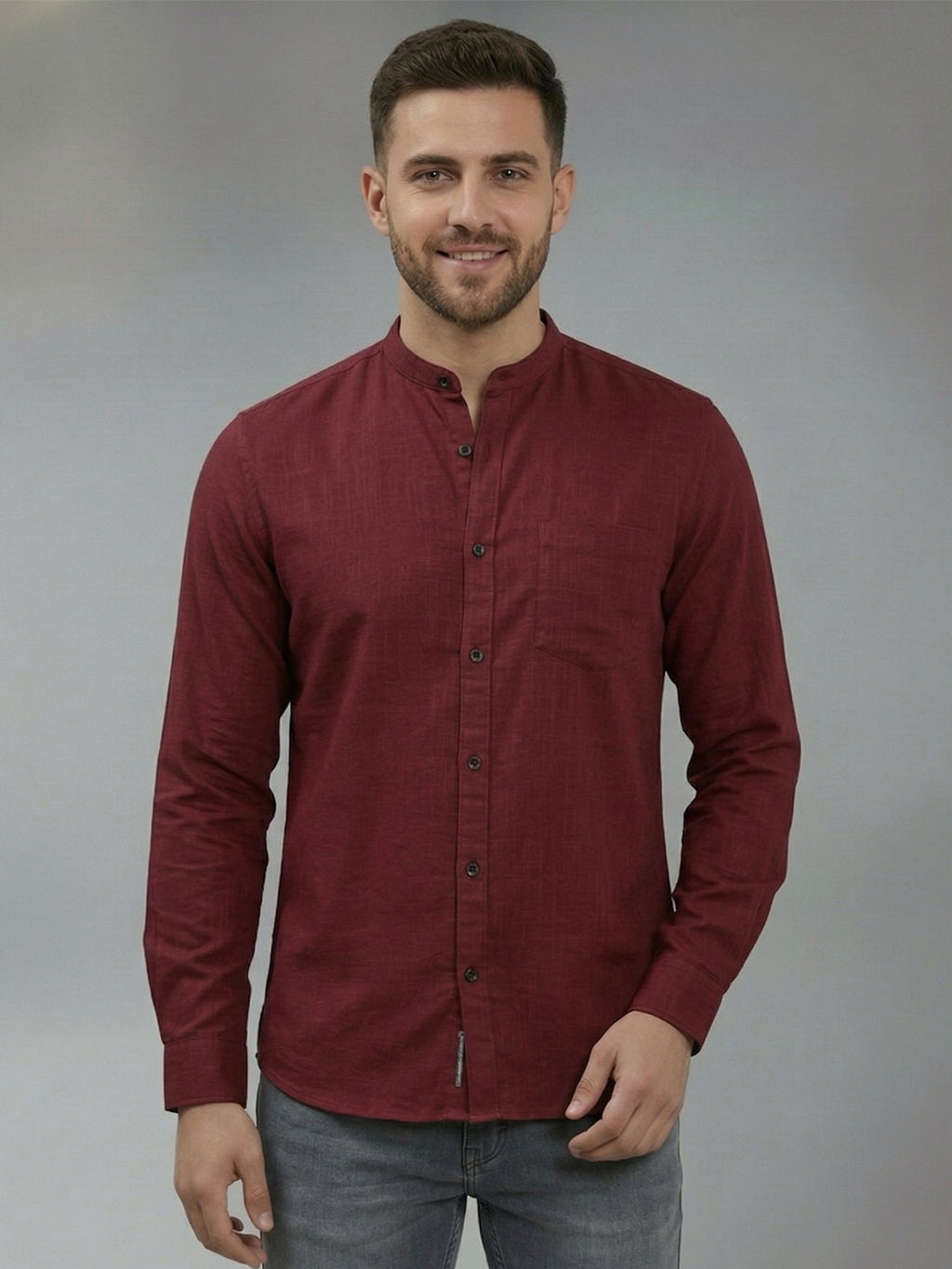 RAY LIGHT Men's Signature Solid Casual Shirt – Chinese Collar with Chest Pocket