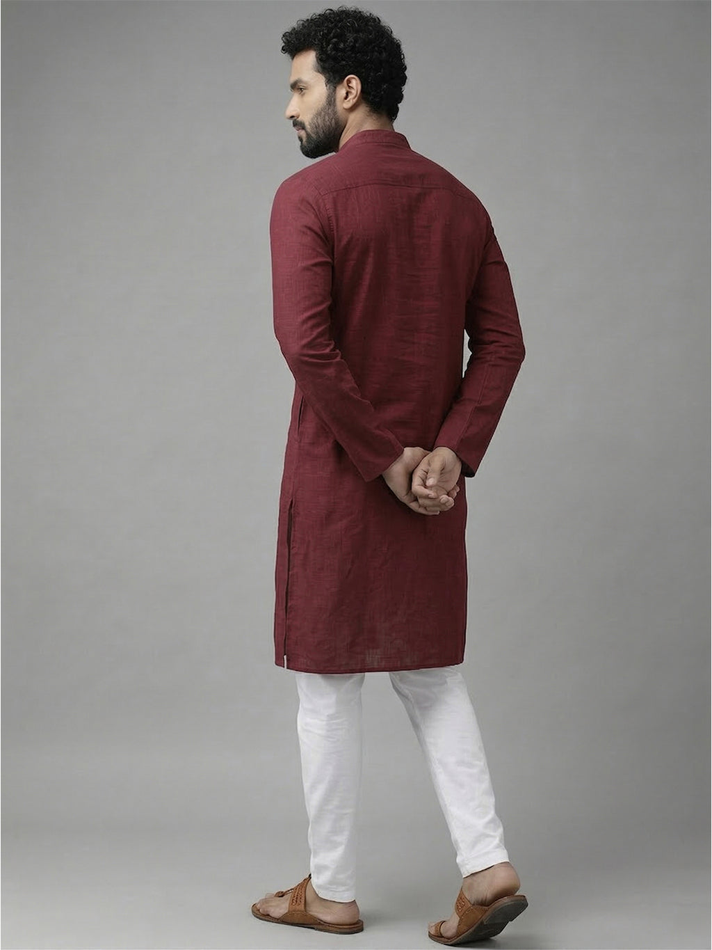 RAY LIGHT Men's 100% Cotton Solid Long Kurta with Mandarin Collar