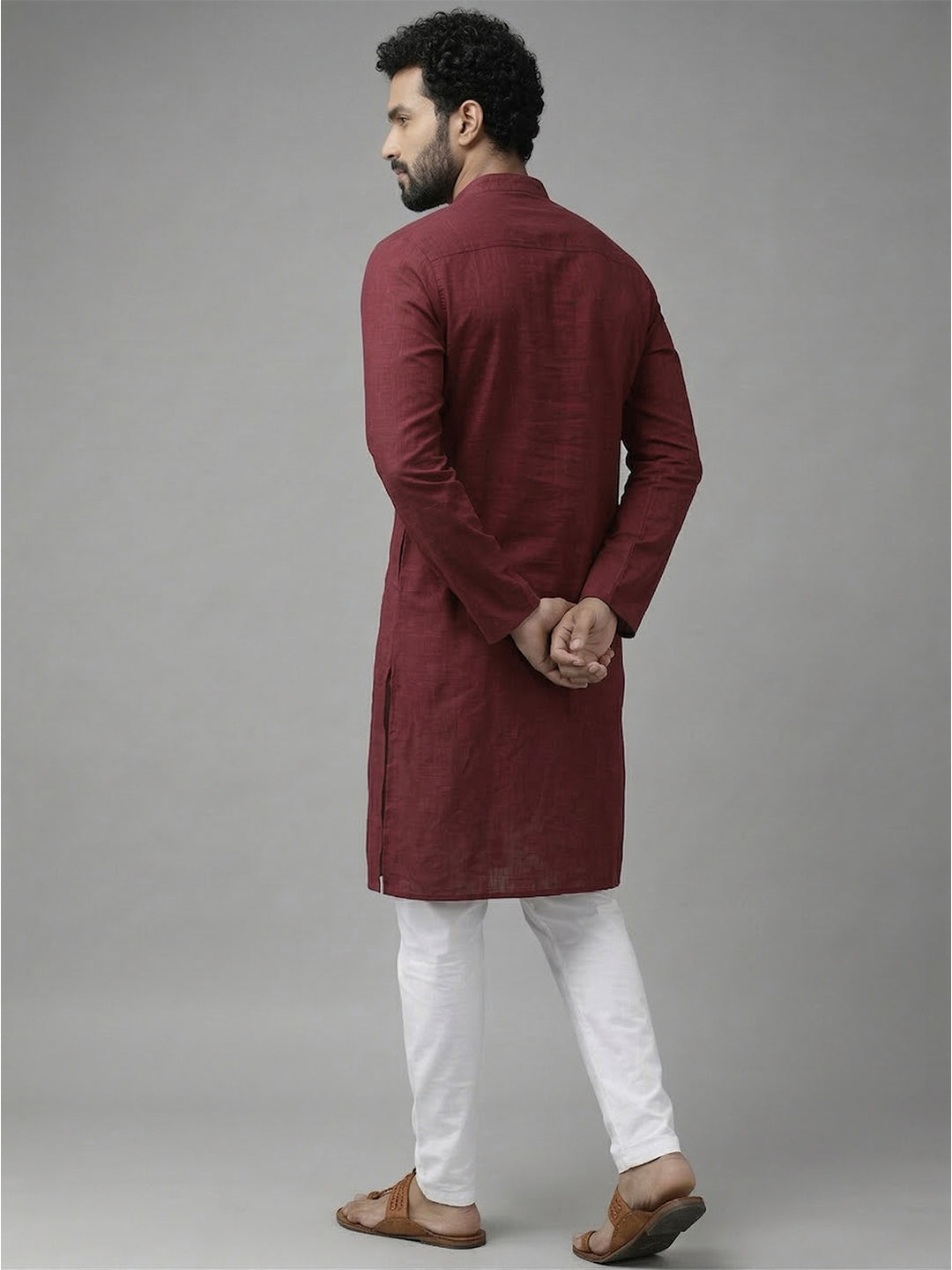 RAY LIGHT Men's 100% Cotton Solid Long Kurta with Mandarin Collar