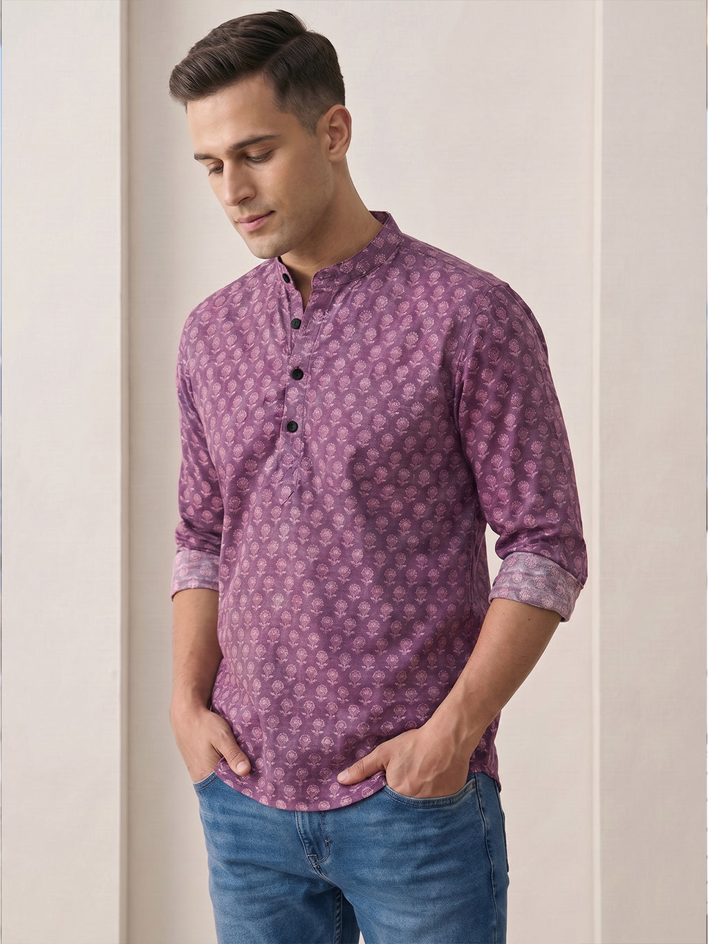 RAY LIGHT Men's Artisan Floral Print Cotton Short Kurta – Plum Purple with Contrast Cuffs