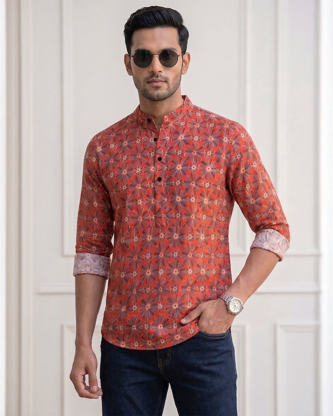 RAY LIGHT Men's Geometric Floral Print Cotton Short Kurta – Rust Maroon with Contrast Cuffs