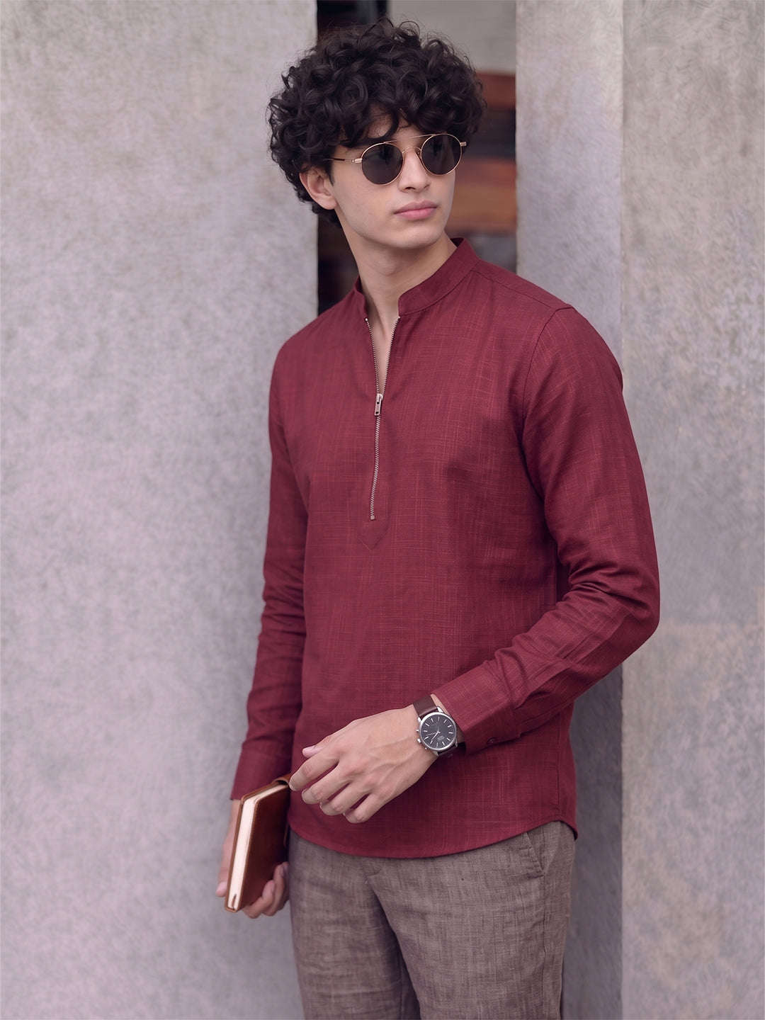 RAY LIGHT Men's Modern Zip-Neck Solid Cotton Short Kurta – Light Pink