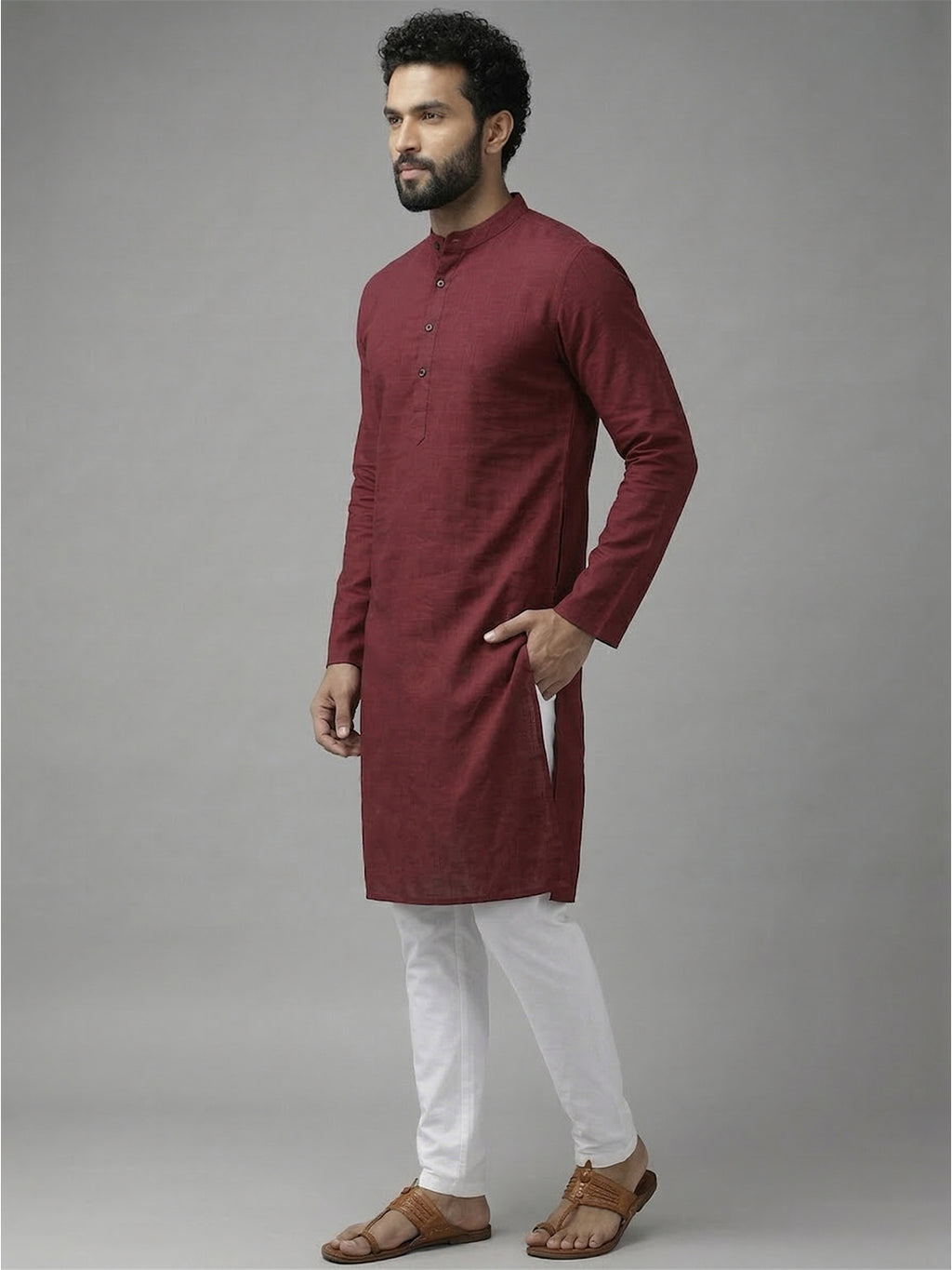 RAY LIGHT Men's 100% Cotton Solid Long Kurta with Mandarin Collar
