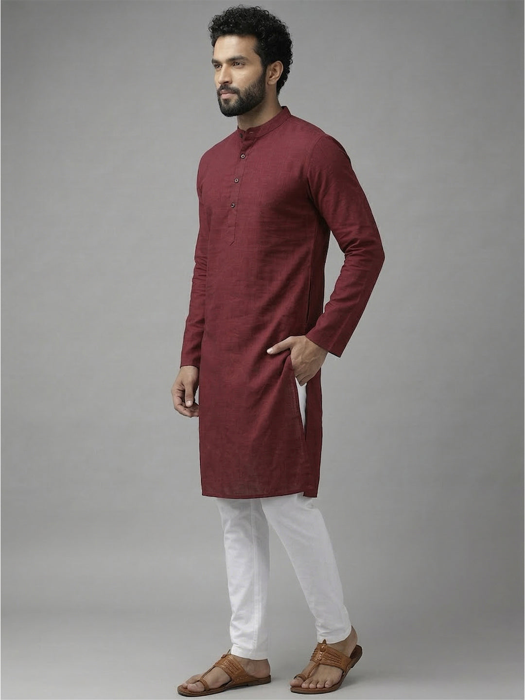 RAY LIGHT Men's 100% Cotton Solid Long Kurta with Mandarin Collar