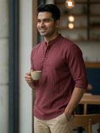 RAY LIGHT Men's Grey 100% Cotton Solid Short Kurta – Mandarin Collar with Versatile Roll-Up Sleeves